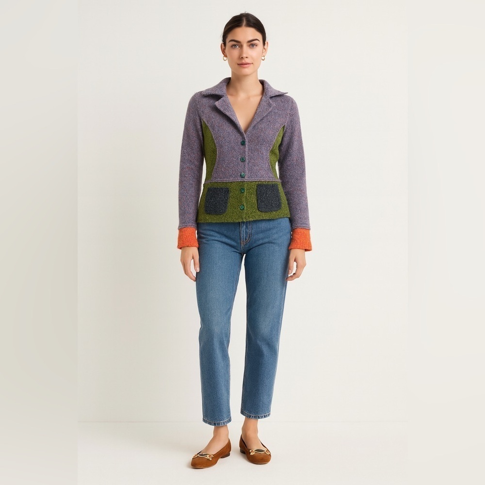 Vintage 90s/Y2K Laurie B wool blend artsy orange green and purple sweater blazer